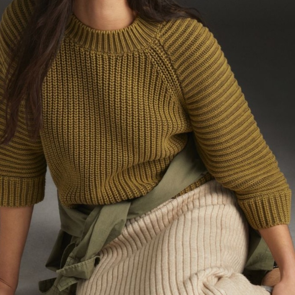 Anthropologie Olive Green Ribbed Knit Sweater